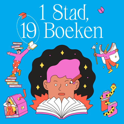 Een mannetje met roze lokken leest een boek. Boven hem staat '1 Stad, 19 Boeken'. Rondom de persoon staan vier figuurtjes: een mannetje jongleert met boeken, een mannetje in een huis gemaakt van boeken, een boekenfee en boekenwurm. 