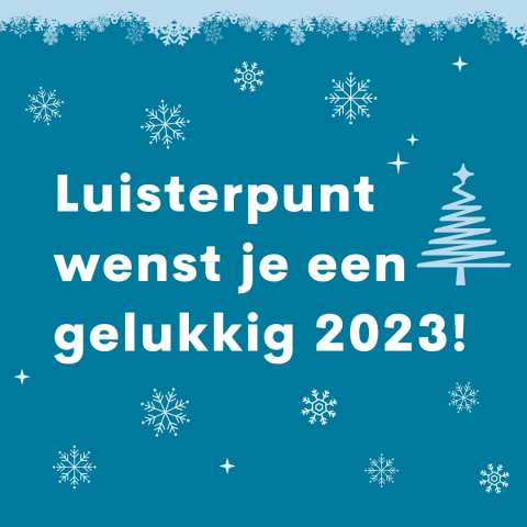 banner Luisterpunt wenst je een gelukkig 2023. logo van luisterpunt. een kerstboom en sneeuwvlokken.