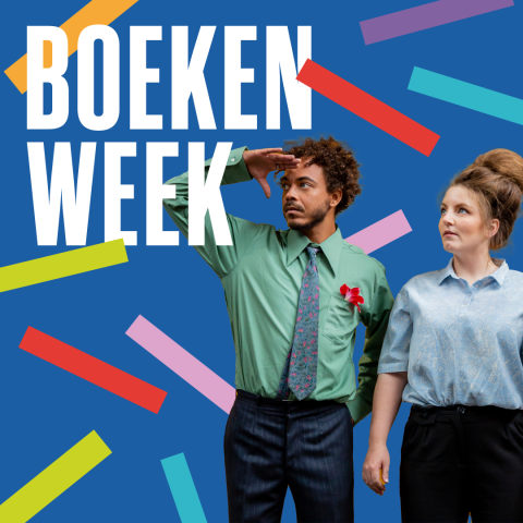 Raoul De Jong en Lize Spit. Logo Boekenweek. Blauwe achtergrond met gekleurde strepen. 
