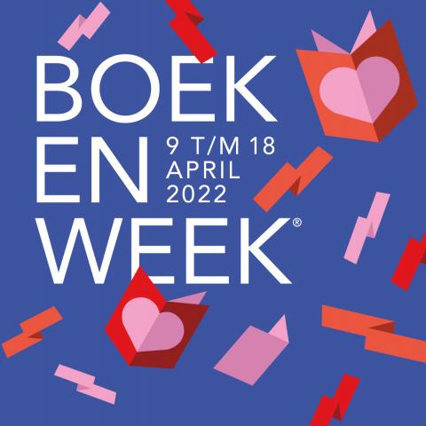 blauwe achtergrond met roze en rode elementen zoals boeken en hartjes. Boekenweek: 9 t/m 18 april 