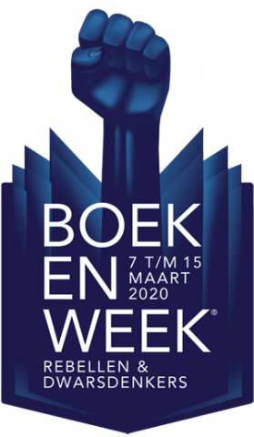 Logo Boekenweek 2020. Uit een boek komt een vuist tevoorschijn. De Boekenweek loopt van 7 tot 15 maart . Thema is 'rebellen en dwarsdenkers'.
