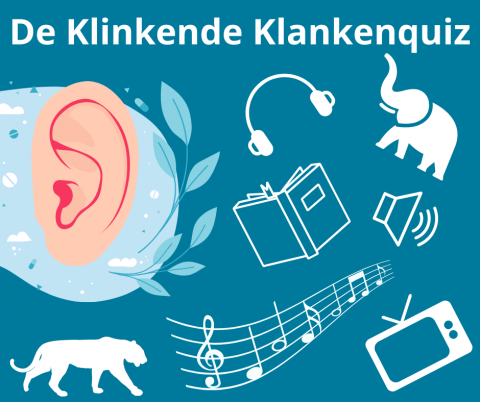 De Klinkende Klankenquiz - blauwe achtergrond met oor, koptelefoon, muzieknoten, tijger, olifant, luidspreker, tv