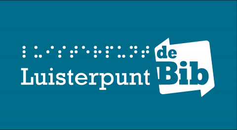 logo van Luisterpunt, blauwe achtergrond en Luisterpunt in letters en in brailletekens