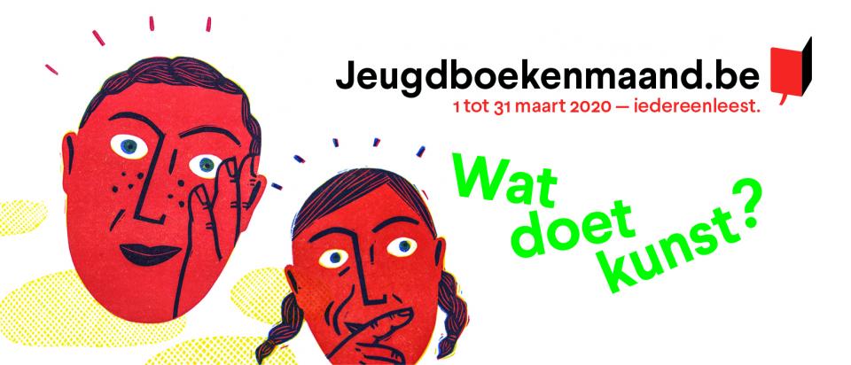 Banner Jeugdboekenmaand 2020. Op de banner staan 2 getekende gezichten en de vraag "Wat doet kunst?".
