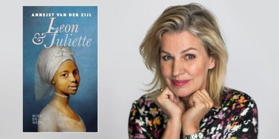 cover boek 'Leon & Juliette' van Annejet van der Zijl, met daarnaast een foto van de auteur