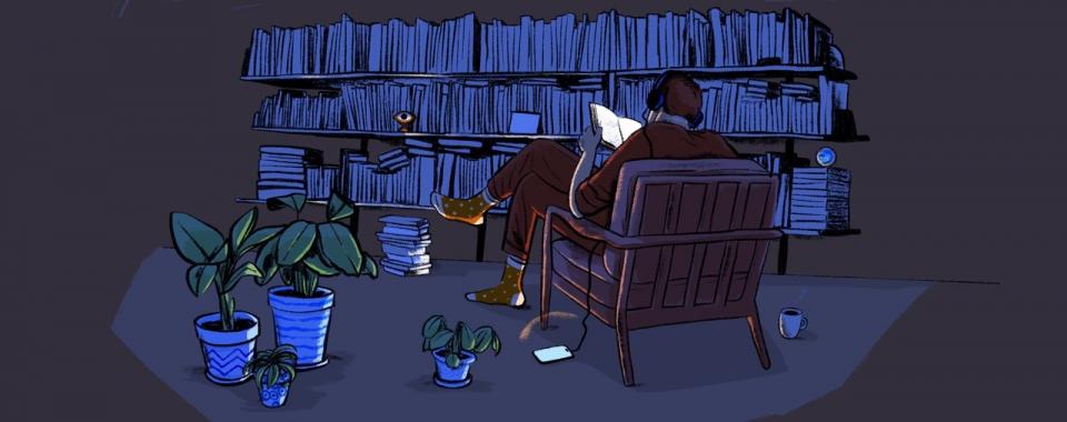 Tekening van een man die een boek leest, voor een grote boekenkast