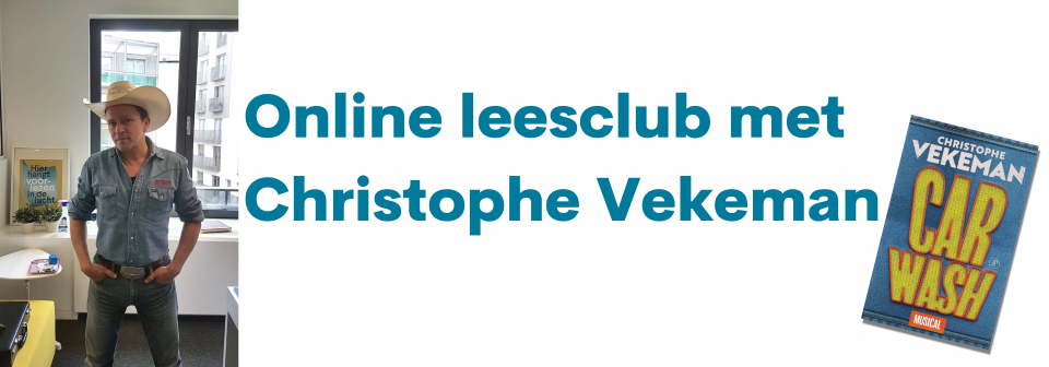 Tekst 'Online leesclub met Christophe Vekeman' met foto van de auteur en zijn boek 'Carwash'