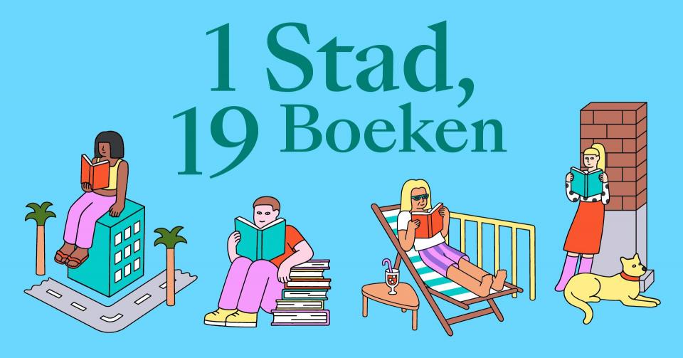 lichtblauwe achtergrond met vier personen die aan het lezen zijn. In het midden staat geschreven '1 stad, 19 boeken'.