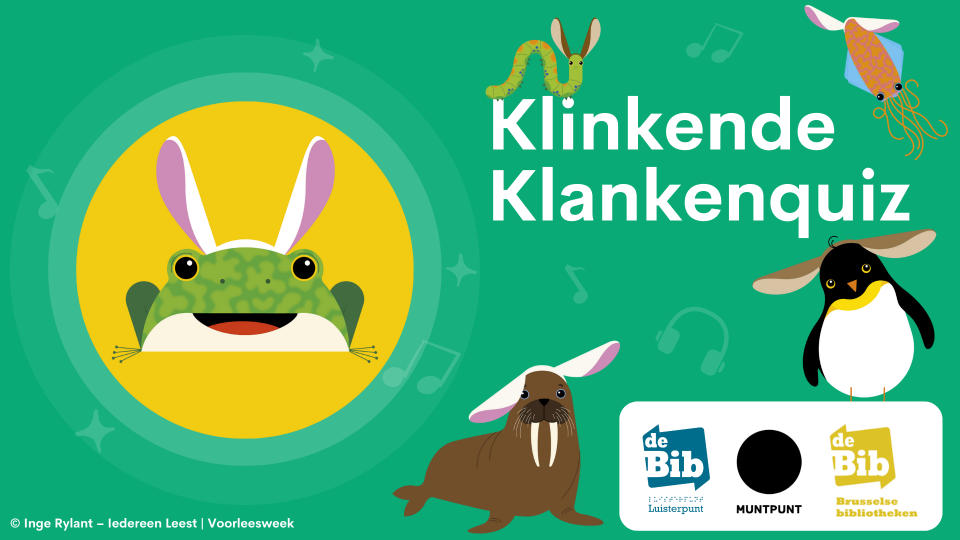 Banner van de Klinkende Klankenquiz met de diertjes van de Voorleesweek en de logo's van Luisterpunt, Muntpunt en OBIB.