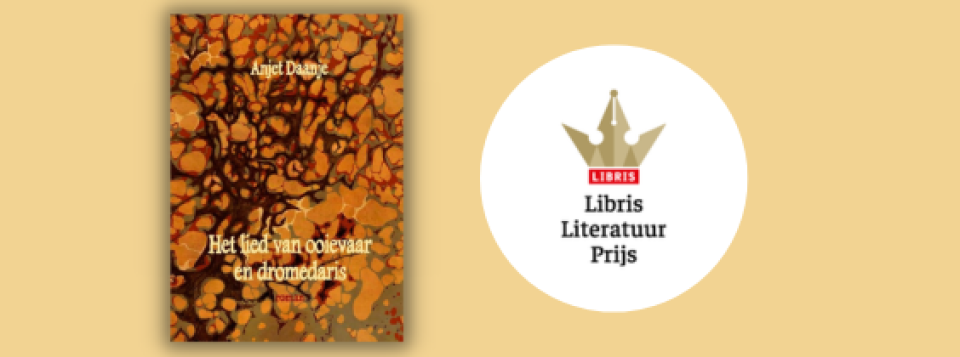 cover boek 'het lied van en ooievaar en dromedaris'. ernaast het logo van de libris literatuurprijs.
